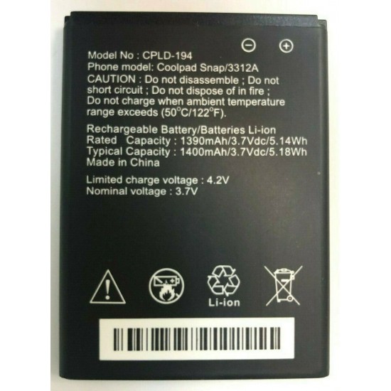 Replacement Battery For CoolPad Snap 3312A CPLD-194 1400mAh