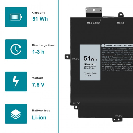 51Wh 7.6V Laptop Battery for Dell Xps 13 7390 2-in-1 7390-7685 MKTX27390DYITS MKTX27390DRGPH MKTX27390DNLBS